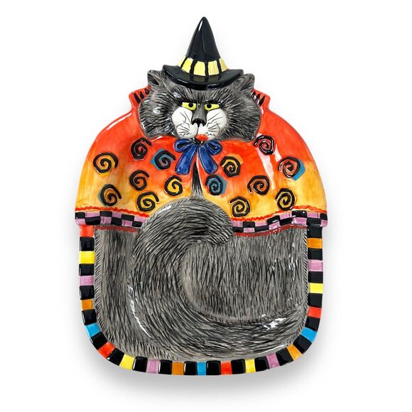 Fitz & Floyd Ceramic Canape Tray Kitty Witches Curly Qs Cat Plate Halloween New - Picture 2 of 14